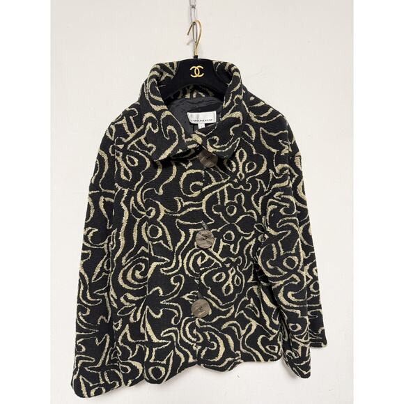 Caroline Rose Jacket Womens Large Black Beige Abstract Button Front Made USA - Picture 2 of 16